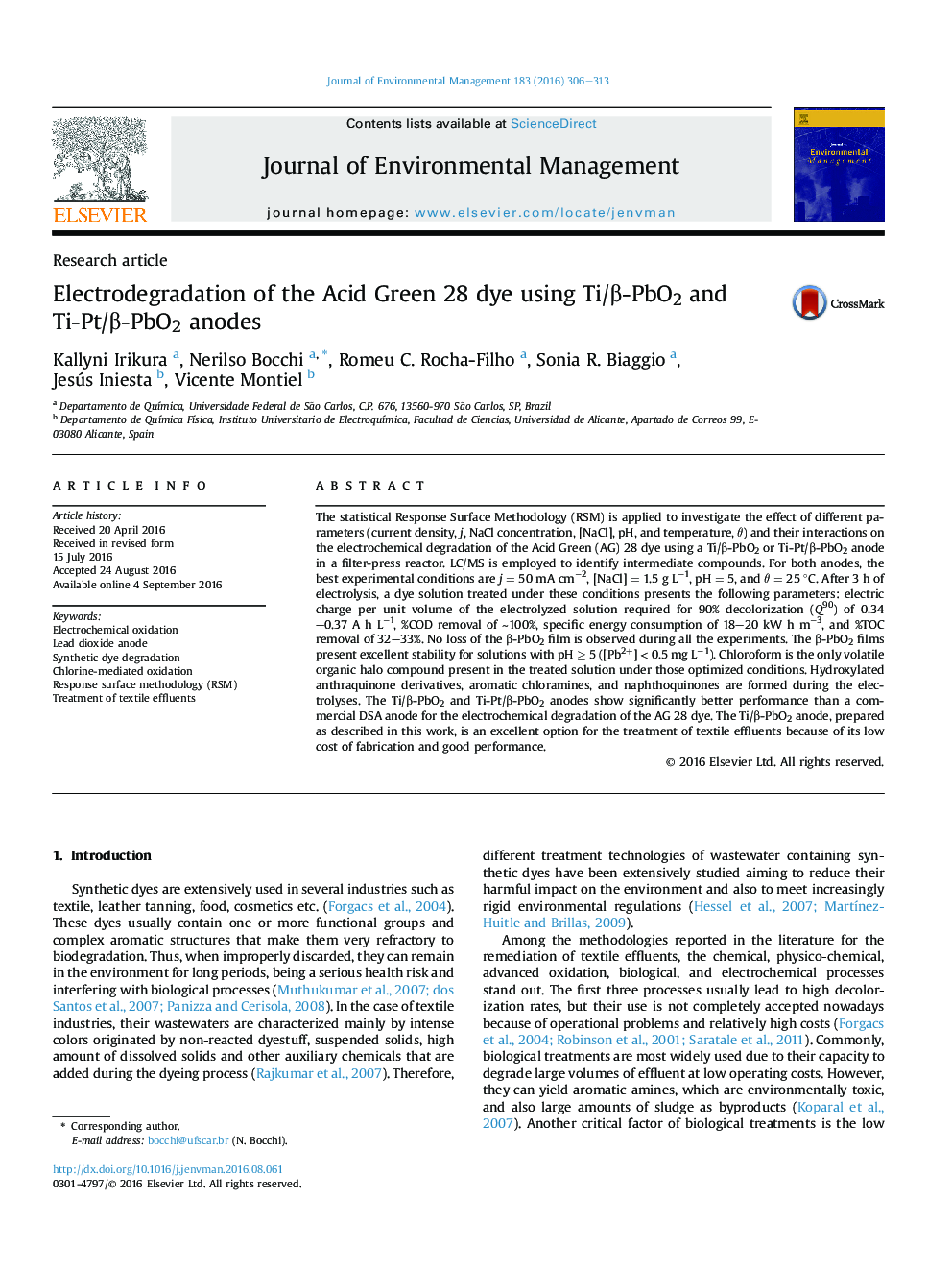 Electrodegradation of the Acid Green 28 dye using Ti/Î²-PbO2 and Ti-Pt/Î²-PbO2 anodes