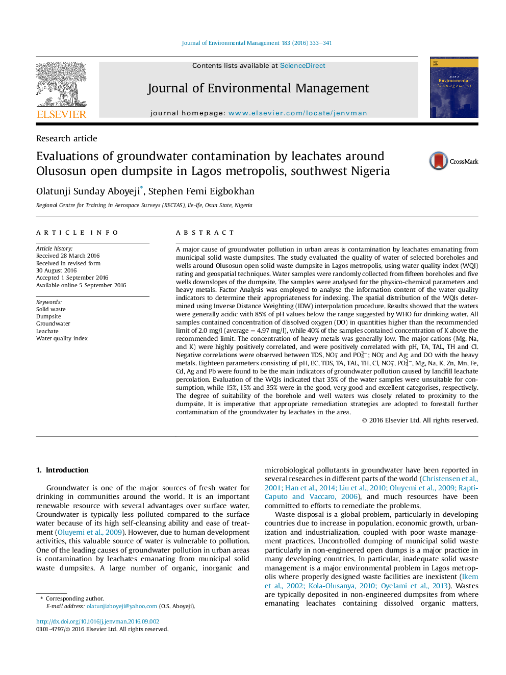 Evaluations of groundwater contamination by leachates around Olusosun open dumpsite in Lagos metropolis, southwest Nigeria