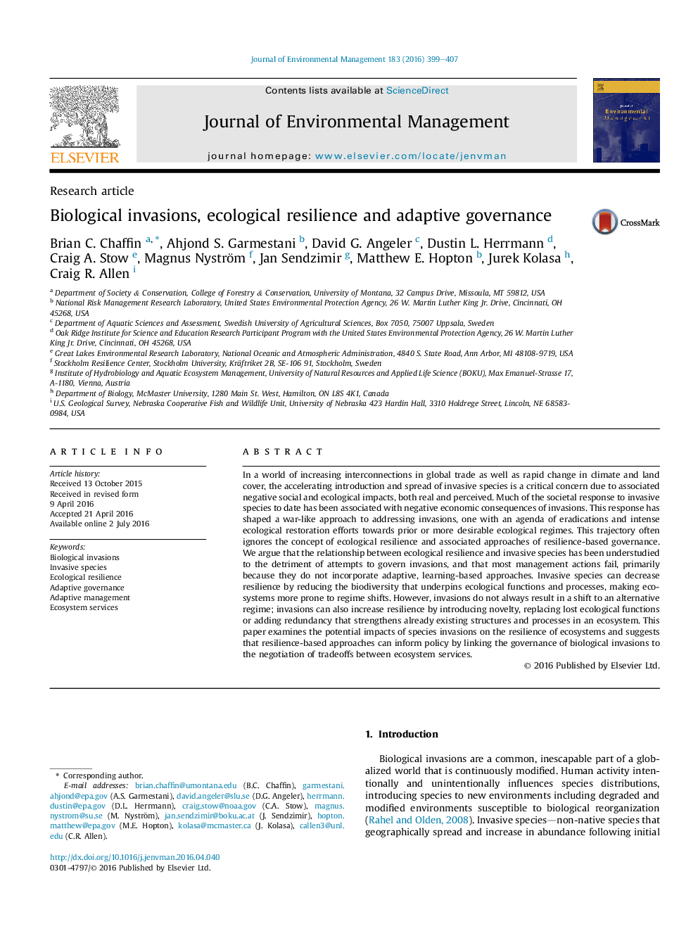 Research articleBiological invasions, ecological resilience and adaptive governance