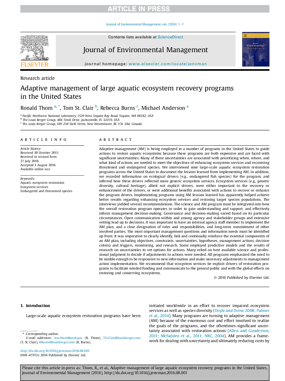 Adaptive management of large aquatic ecosystem recovery programs in the United States