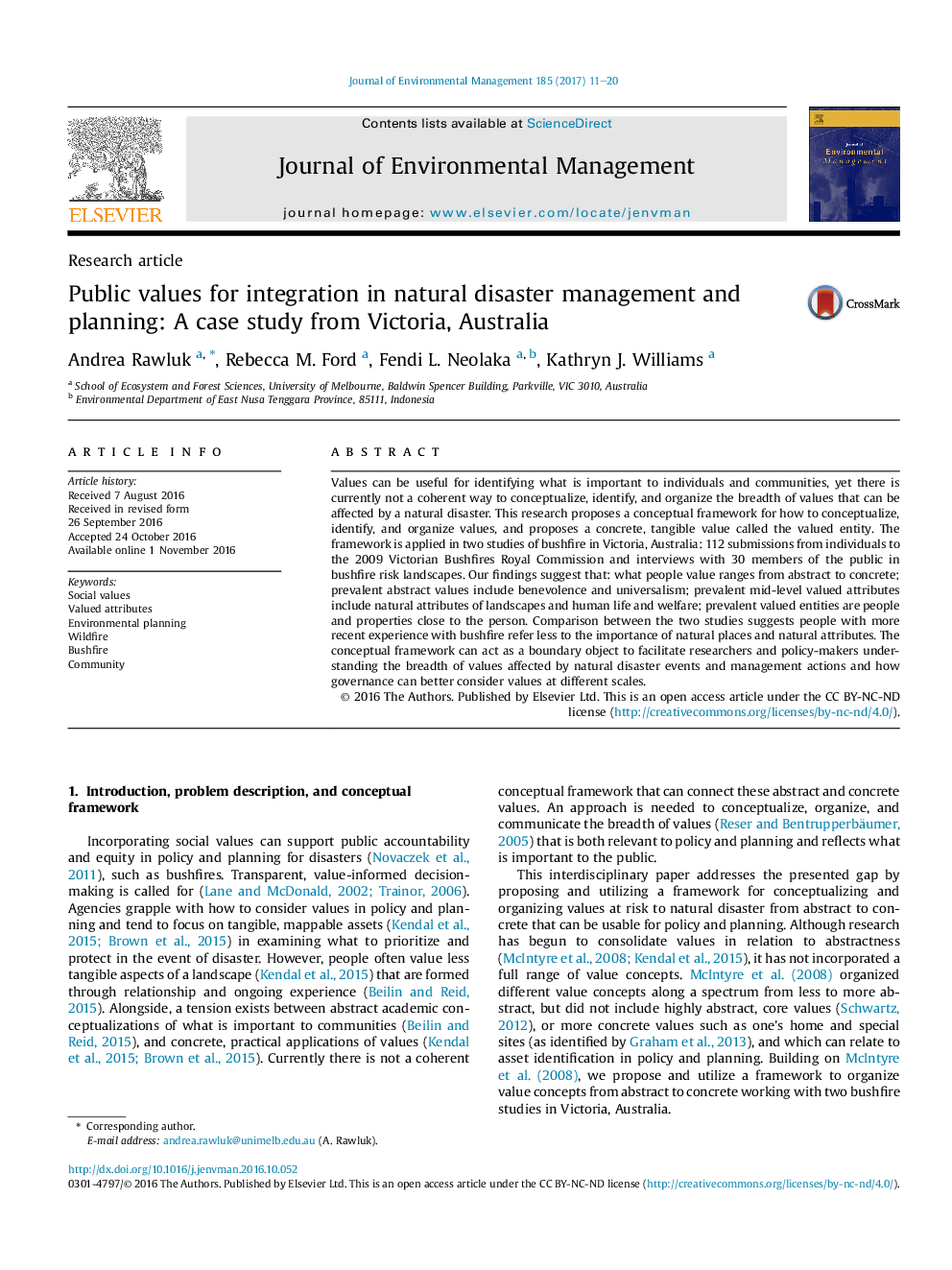 Public values for integration in natural disaster management and planning: A case study from Victoria, Australia