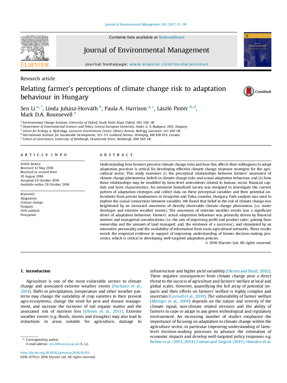 Relating farmer's perceptions of climate change risk to adaptation behaviour in Hungary