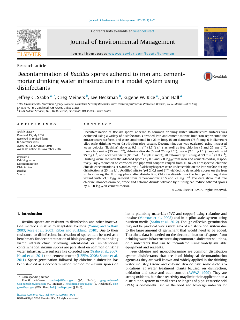 Decontamination of Bacillus spores adhered to iron and cement-mortar drinking water infrastructure in a model system using disinfectants