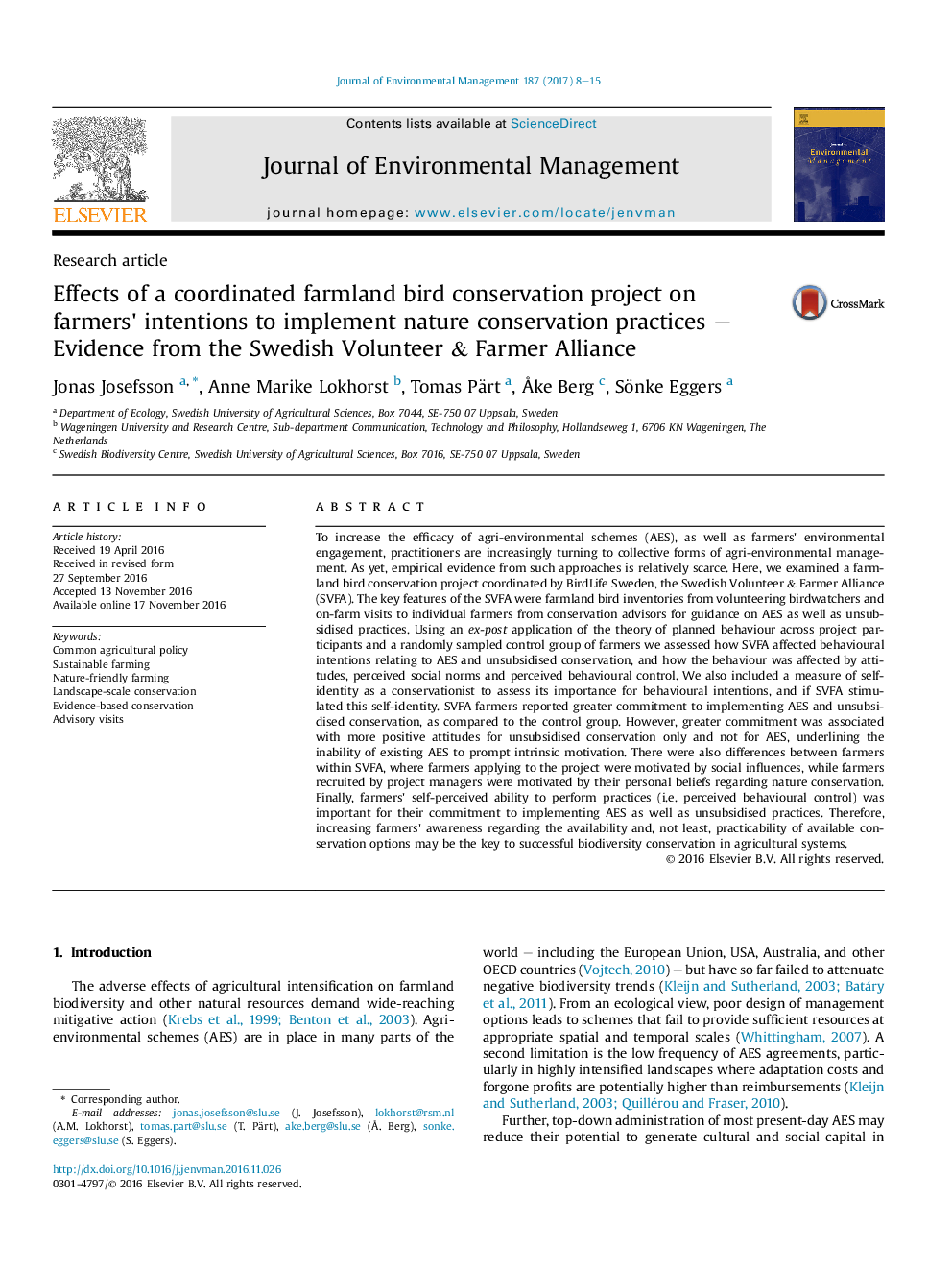 Effects of a coordinated farmland bird conservation project on farmers' intentions to implement nature conservation practices - Evidence from the Swedish Volunteer & Farmer Alliance