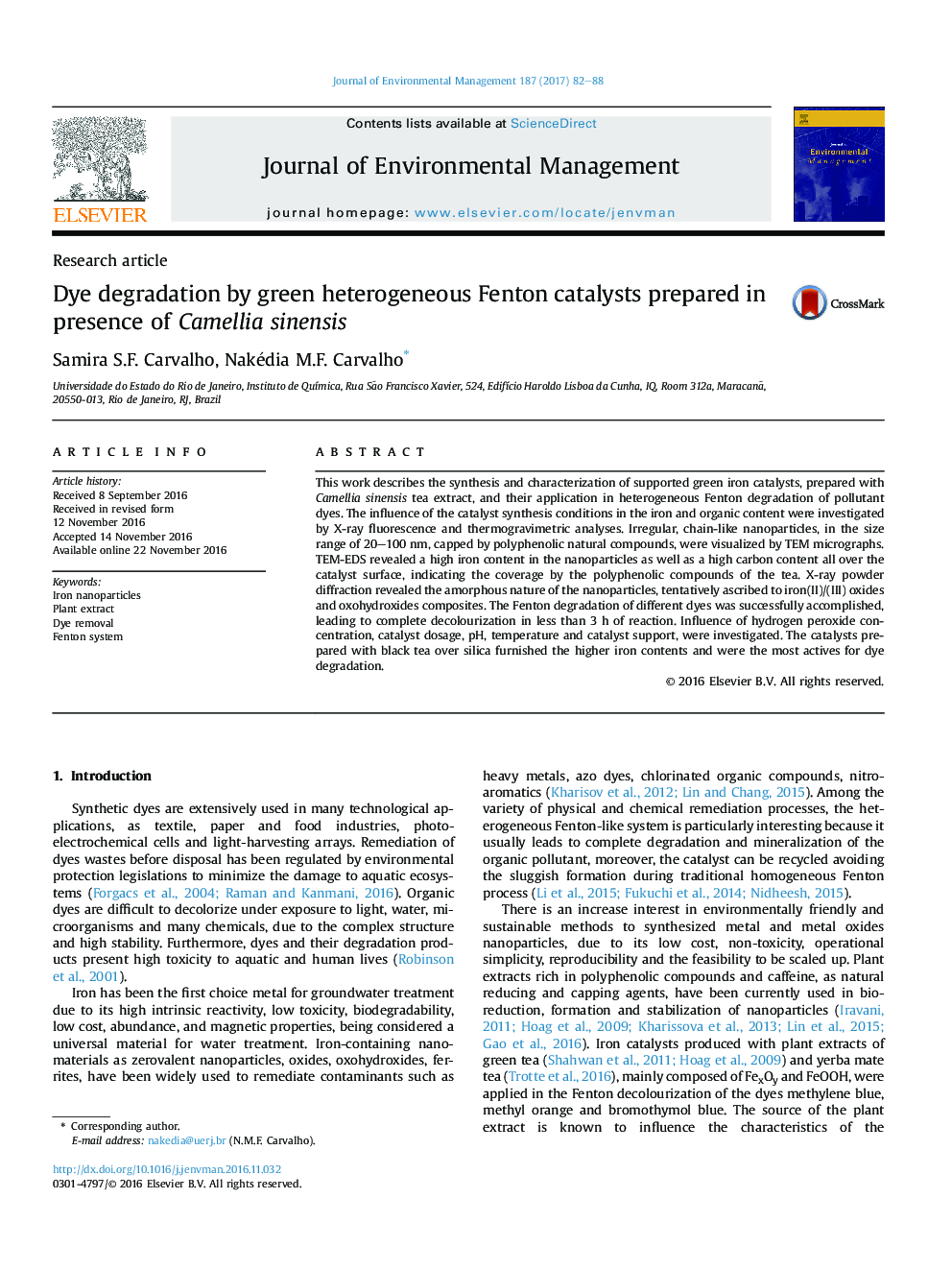 Dye degradation by green heterogeneous Fenton catalysts prepared in presence of Camellia sinensis