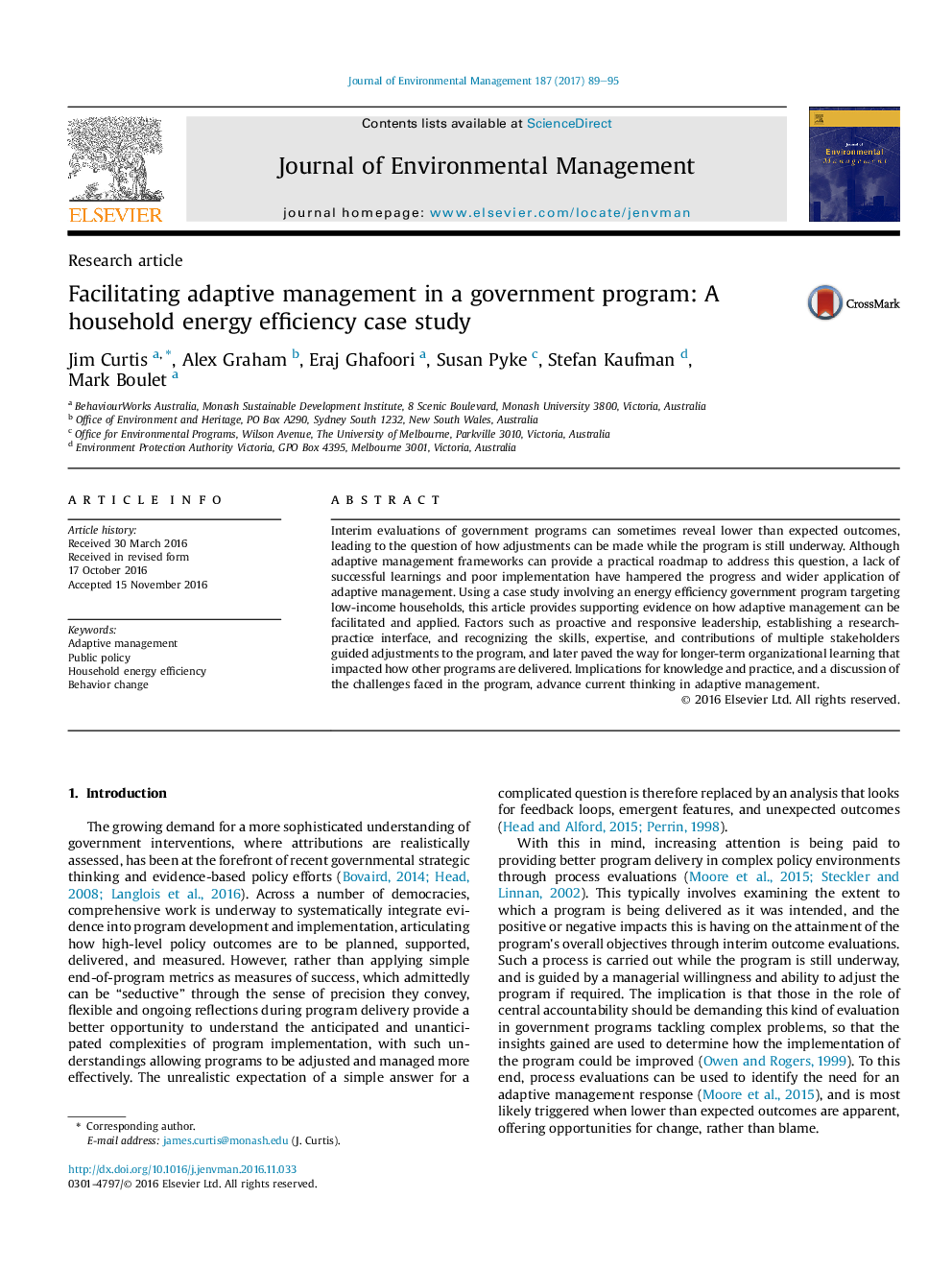 Facilitating adaptive management in a government program: A household energy efficiency case study