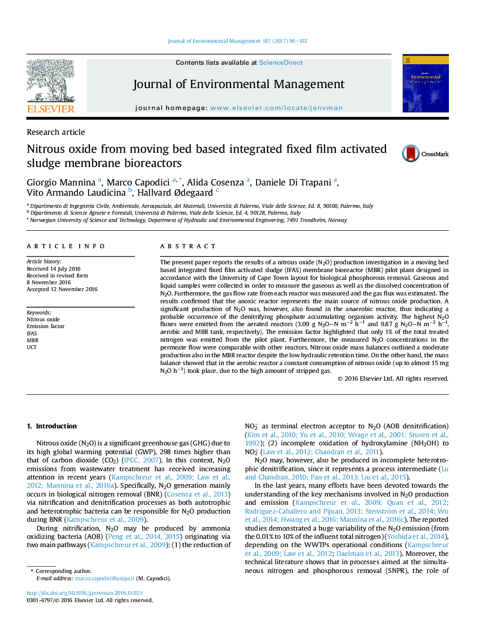 Nitrous oxide from moving bed based integrated fixed film activated sludge membrane bioreactors