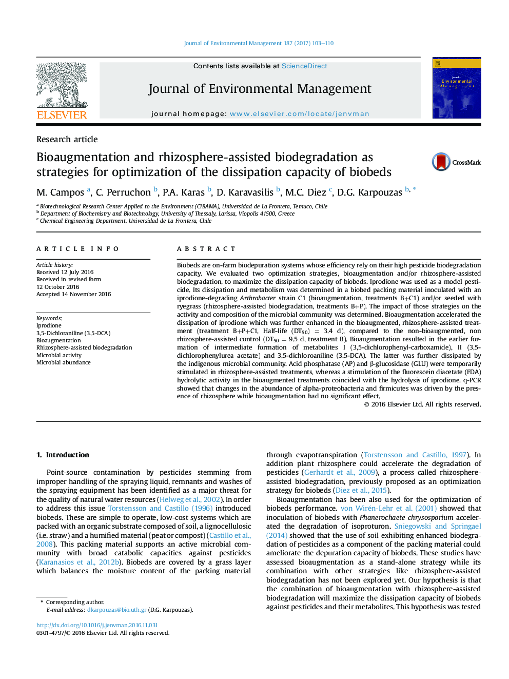 Bioaugmentation and rhizosphere-assisted biodegradation as strategies for optimization of the dissipation capacity of biobeds