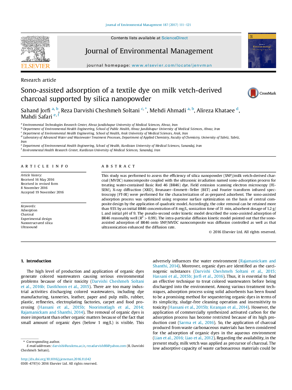 Sono-assisted adsorption of a textile dye on milk vetch-derived charcoal supported by silica nanopowder