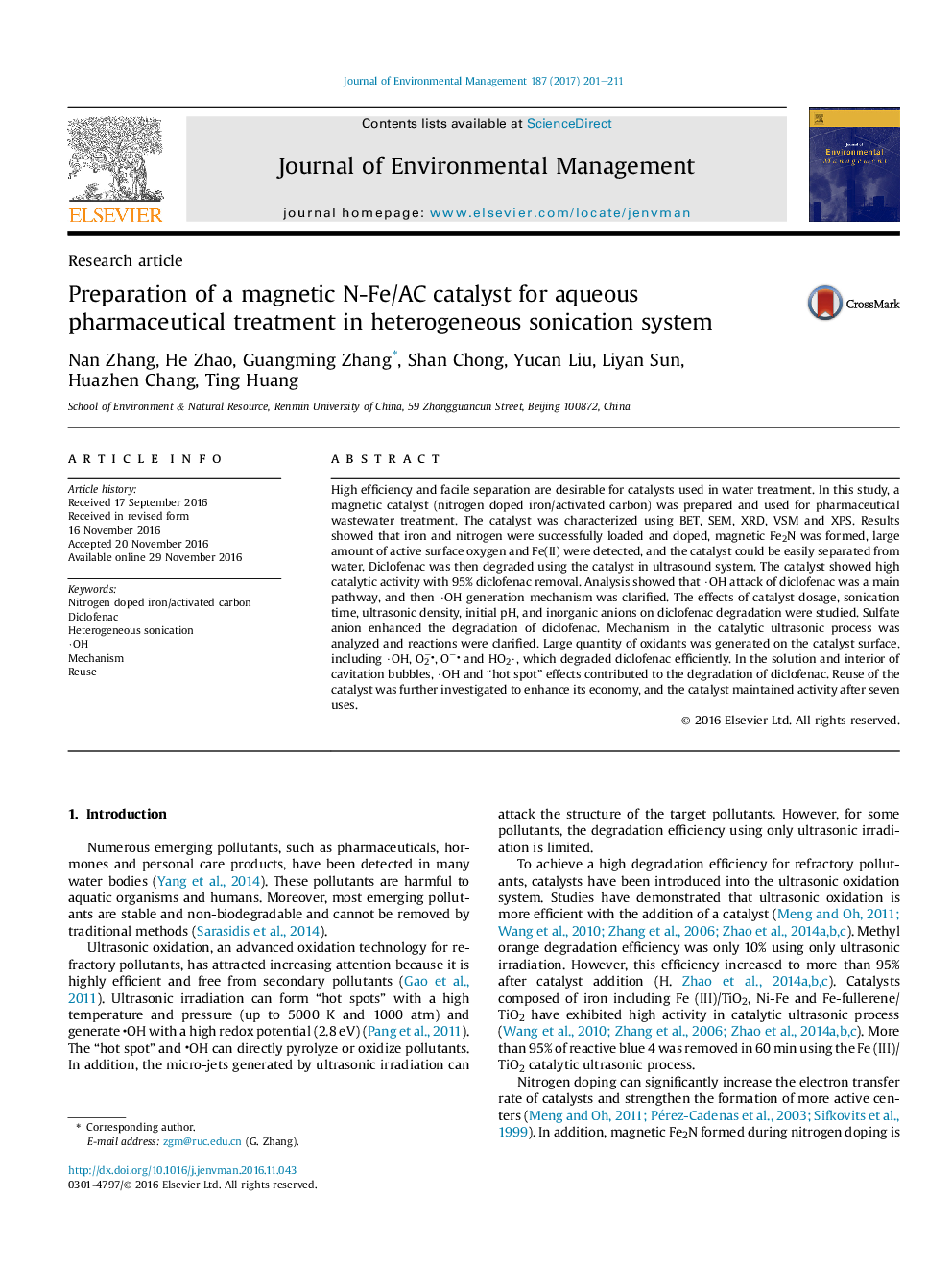 Preparation of a magnetic N-Fe/AC catalyst for aqueous pharmaceutical treatment in heterogeneous sonication system