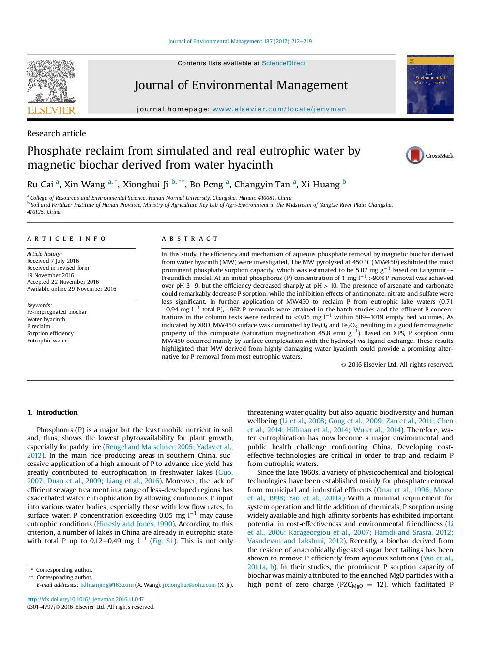 Phosphate reclaim from simulated and real eutrophic water by magnetic biochar derived from water hyacinth