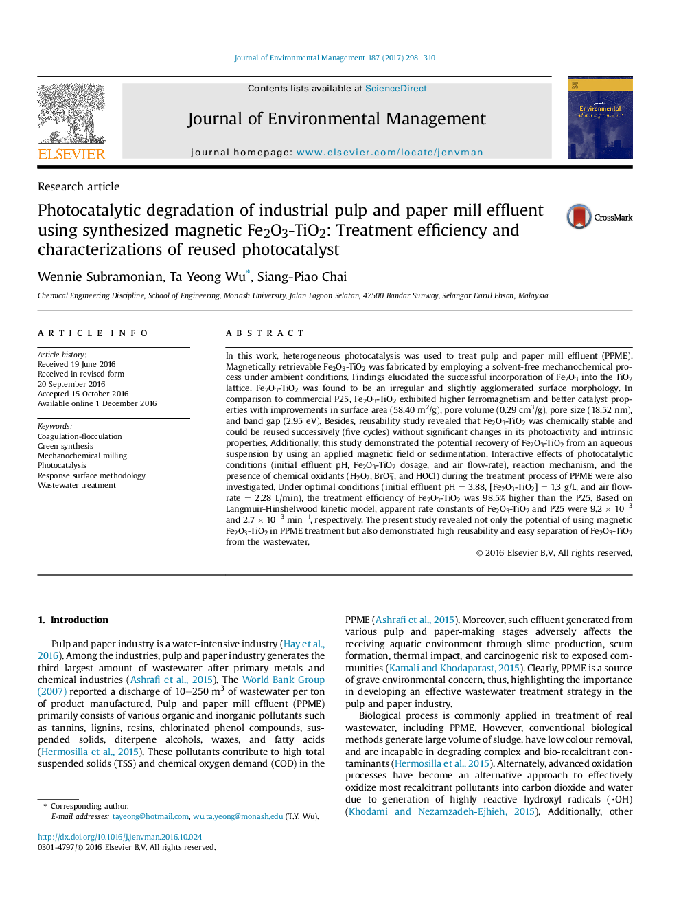 Photocatalytic degradation of industrial pulp and paper mill effluent using synthesized magnetic Fe2O3-TiO2: Treatment efficiency and characterizations of reused photocatalyst