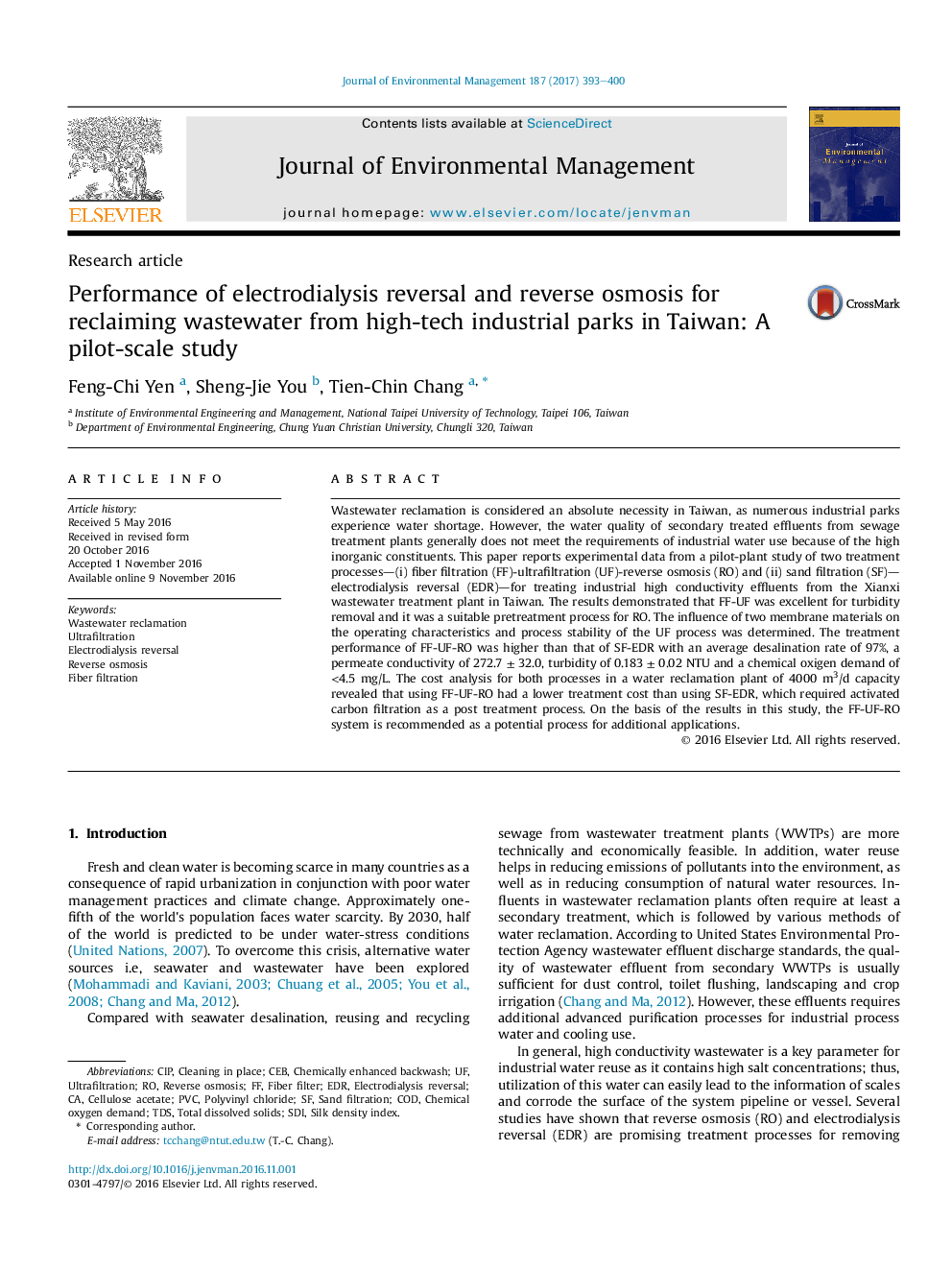 Performance of electrodialysis reversal and reverse osmosis for reclaiming wastewater from high-tech industrial parks in Taiwan: A pilot-scale study