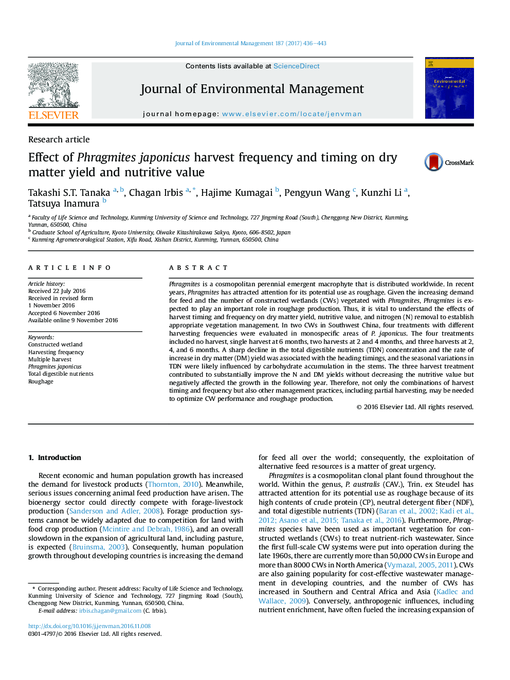 Effect of Phragmites japonicus harvest frequency and timing on dry matter yield and nutritive value