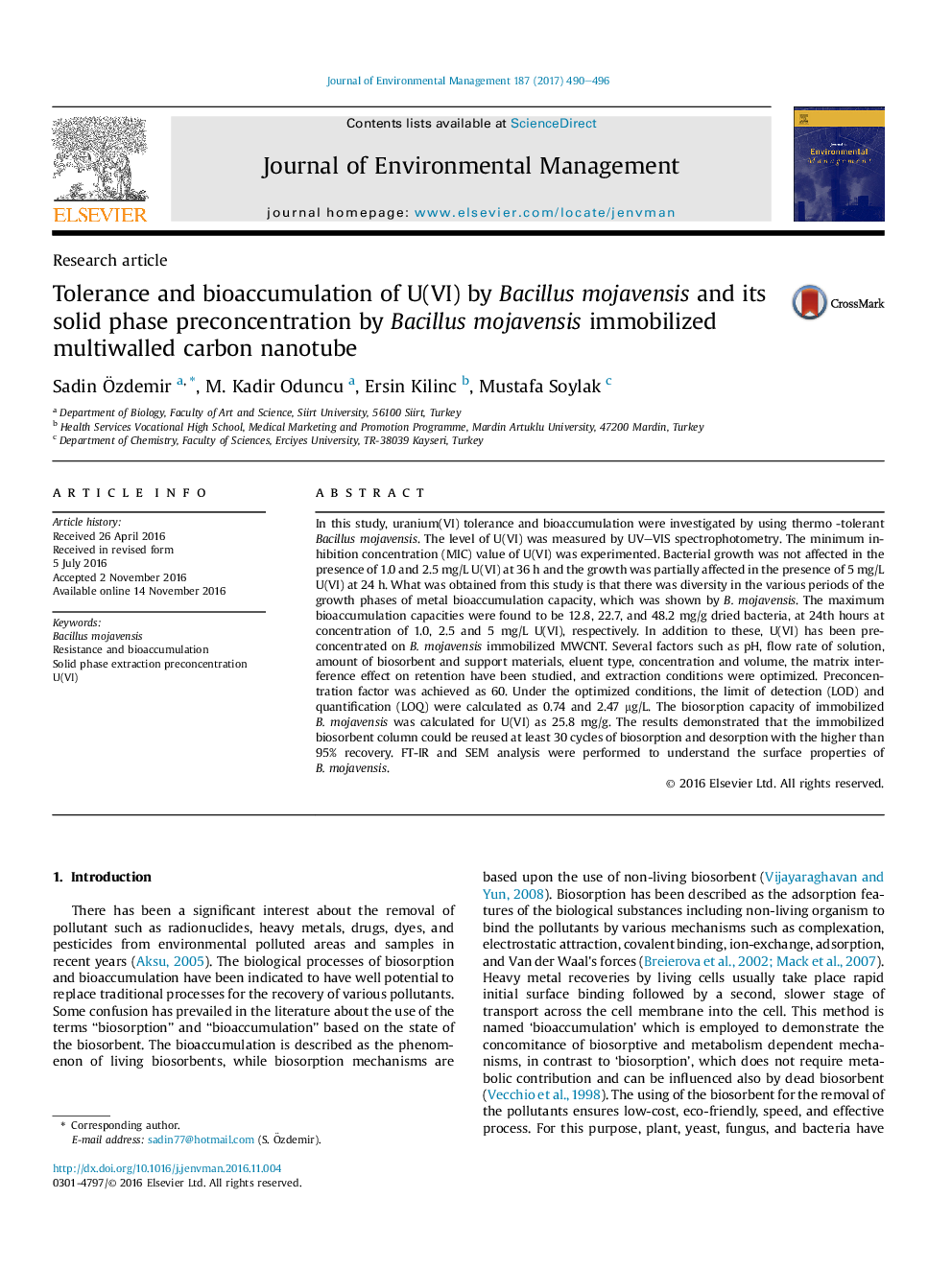 Tolerance and bioaccumulation of U(VI) by Bacillus mojavensis and its solid phase preconcentration by Bacillus mojavensis immobilized multiwalled carbon nanotube