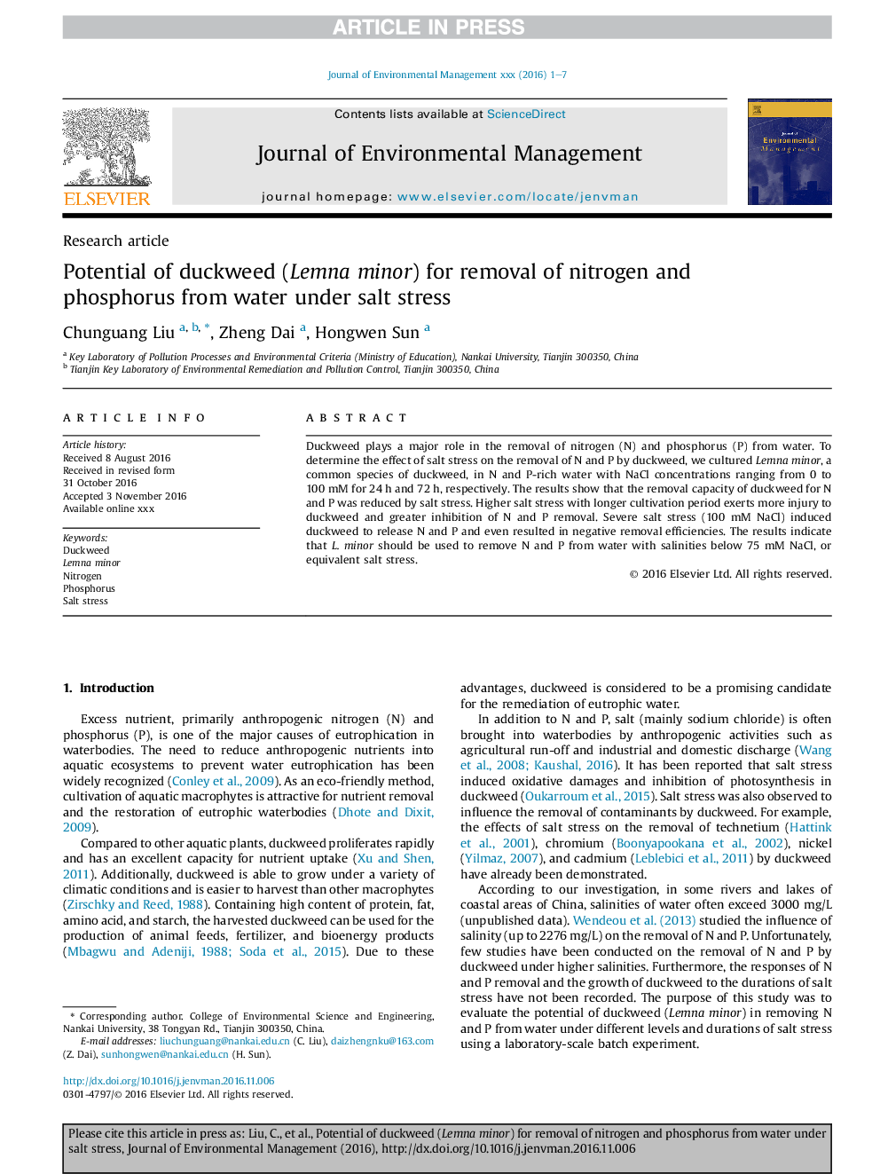 Potential of duckweed (Lemna minor) for removal of nitrogen and phosphorus from water under salt stress