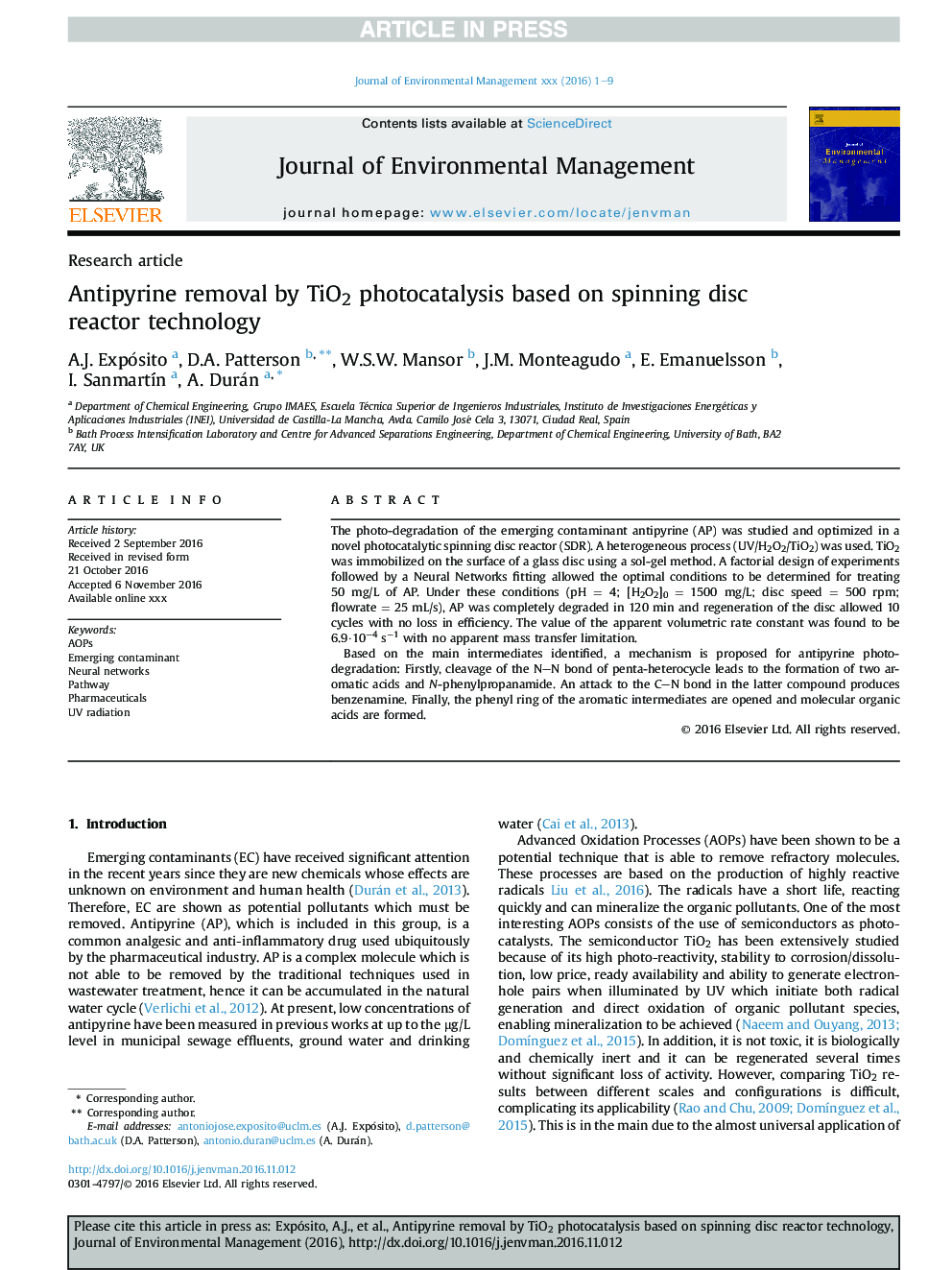 Antipyrine removal by TiO2 photocatalysis based on spinning disc reactor technology