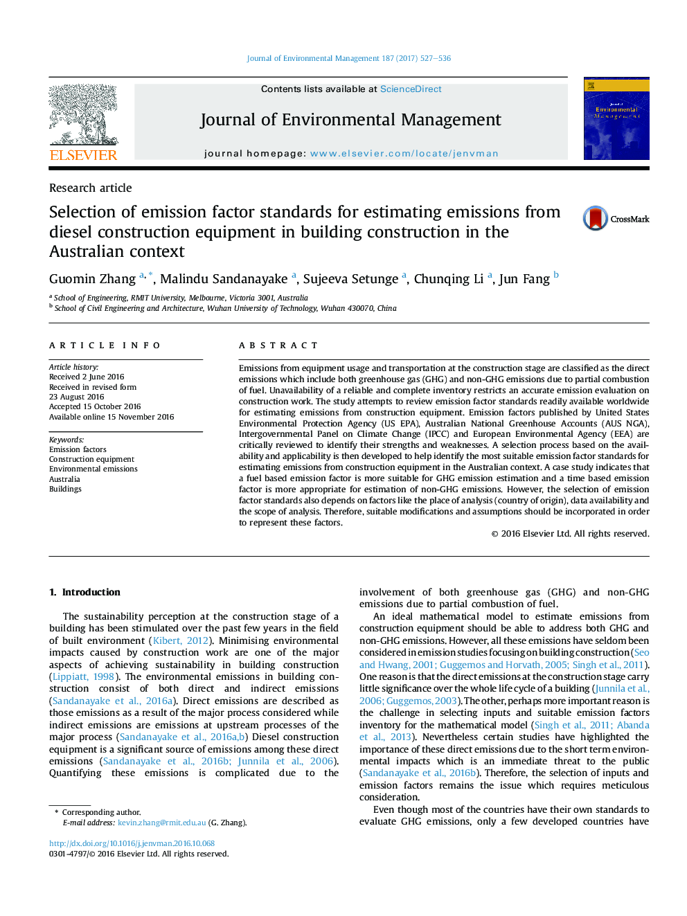 Selection of emission factor standards for estimating emissions from diesel construction equipment in building construction in the Australian context