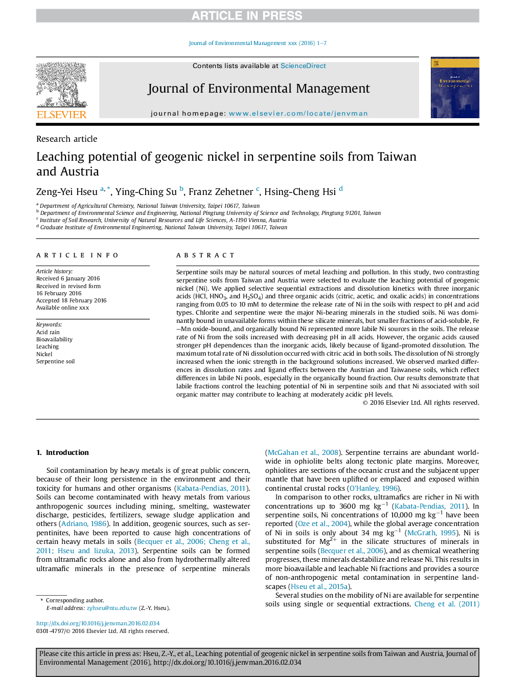 Leaching potential of geogenic nickel in serpentine soils from Taiwan and Austria