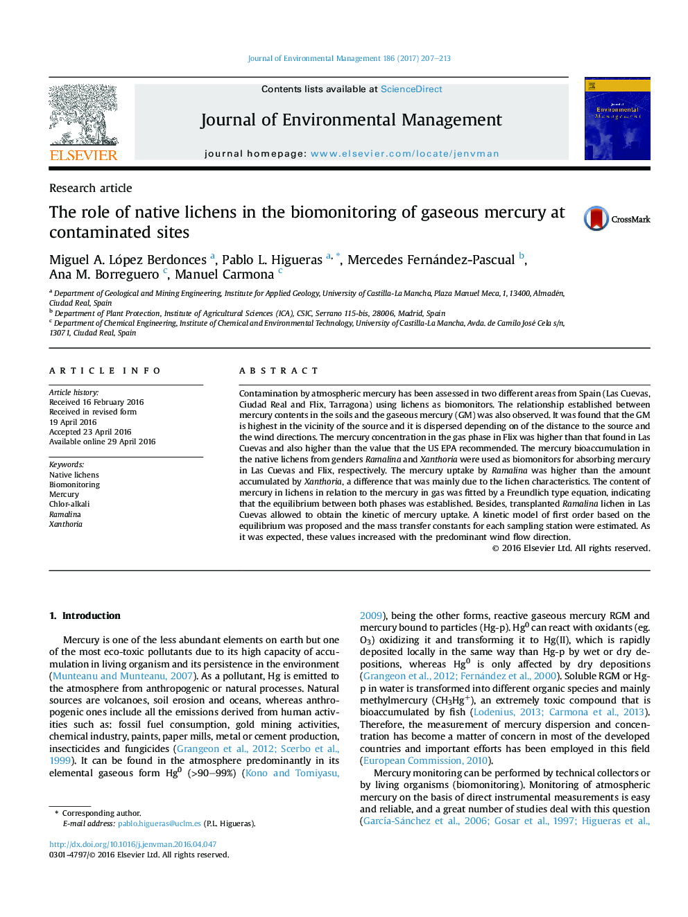 The role of native lichens in the biomonitoring of gaseous mercury at contaminated sites