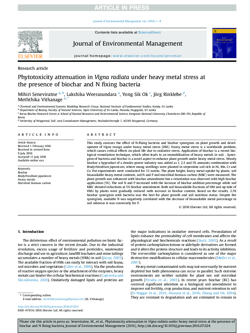 Phytotoxicity attenuation in Vigna radiata under heavy metal stress at the presence of biochar and N fixing bacteria