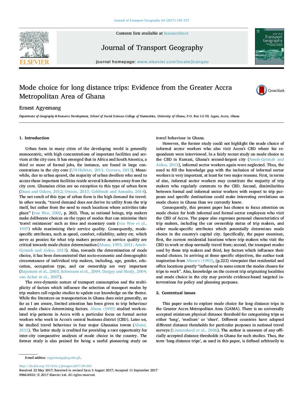 Mode choice for long distance trips: Evidence from the Greater Accra Metropolitan Area of Ghana