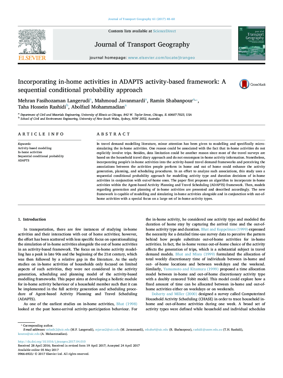 Incorporating in-home activities in ADAPTS activity-based framework: A sequential conditional probability approach