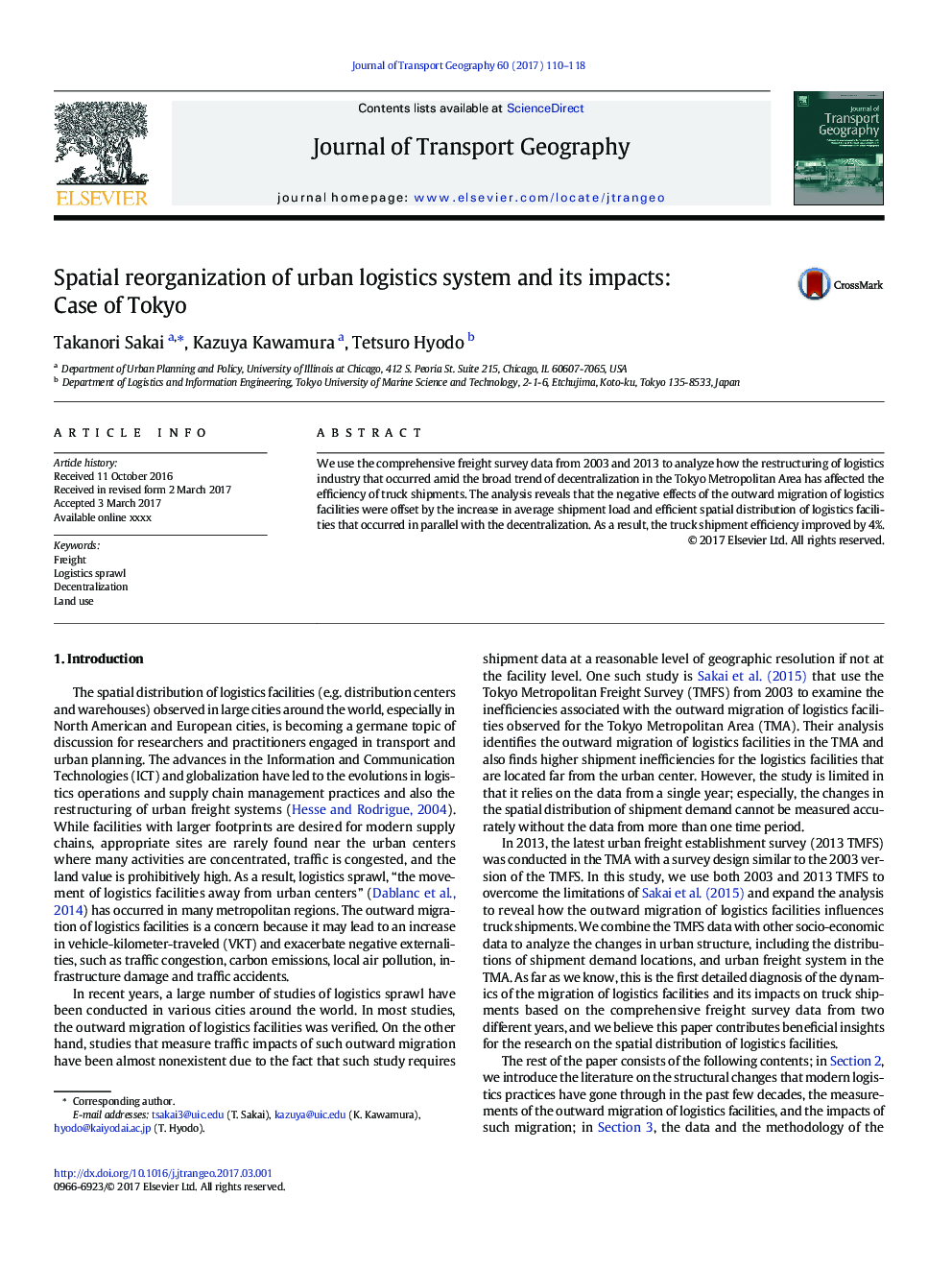 Spatial reorganization of urban logistics system and its impacts: Case of Tokyo