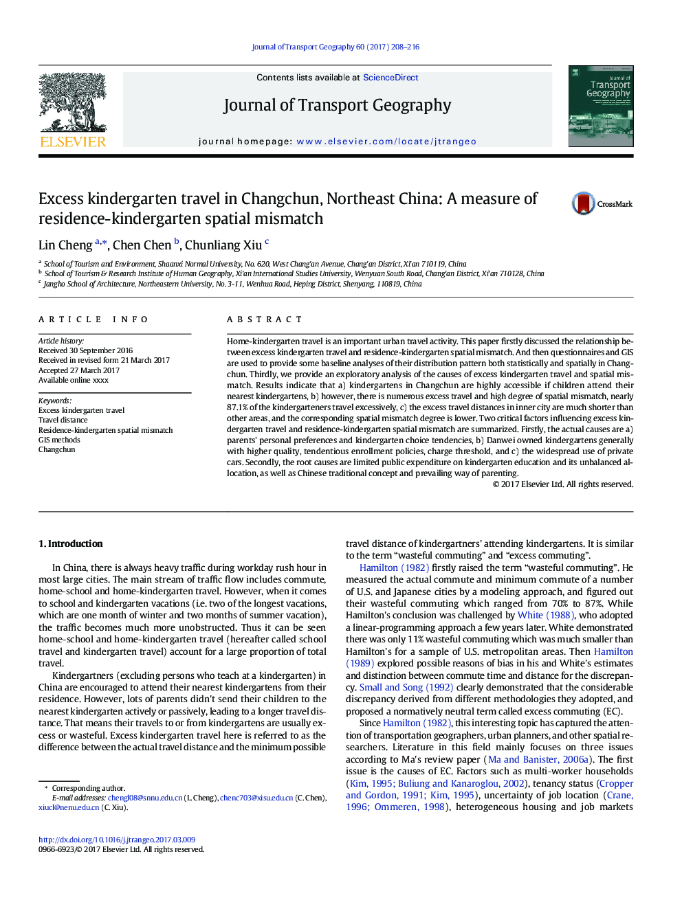 Excess kindergarten travel in Changchun, Northeast China: A measure of residence-kindergarten spatial mismatch