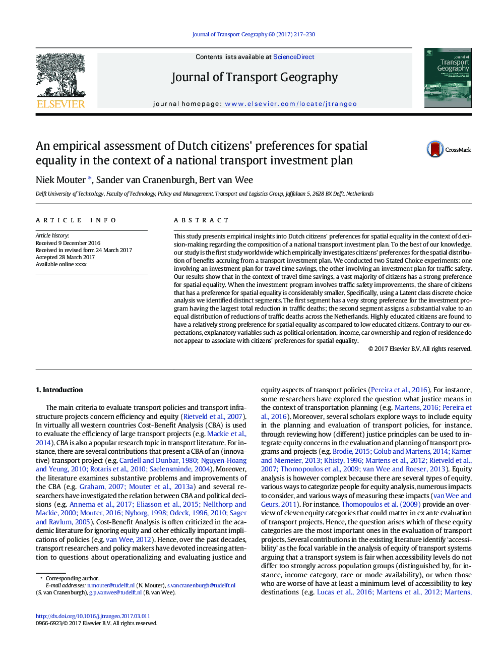 An empirical assessment of Dutch citizens' preferences for spatial equality in the context of a national transport investment plan