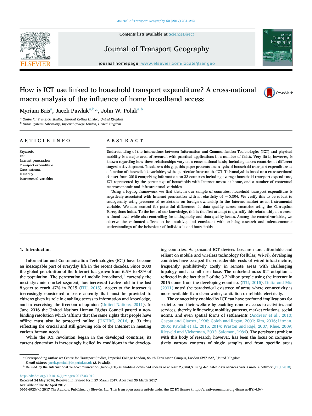 How is ICT use linked to household transport expenditure? A cross-national macro analysis of the influence of home broadband access