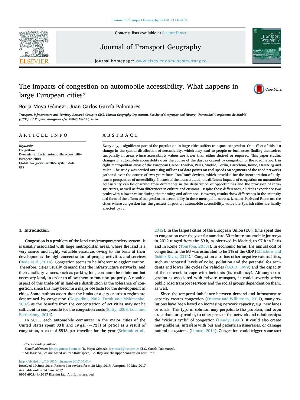 The impacts of congestion on automobile accessibility. What happens in large European cities?