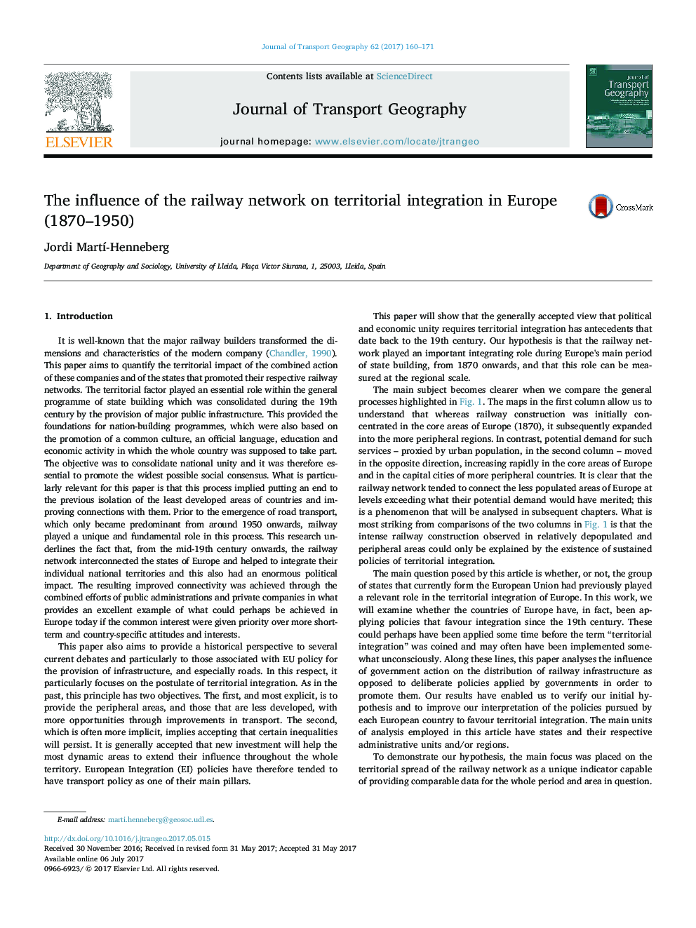 The influence of the railway network on territorial integration in Europe (1870-1950)