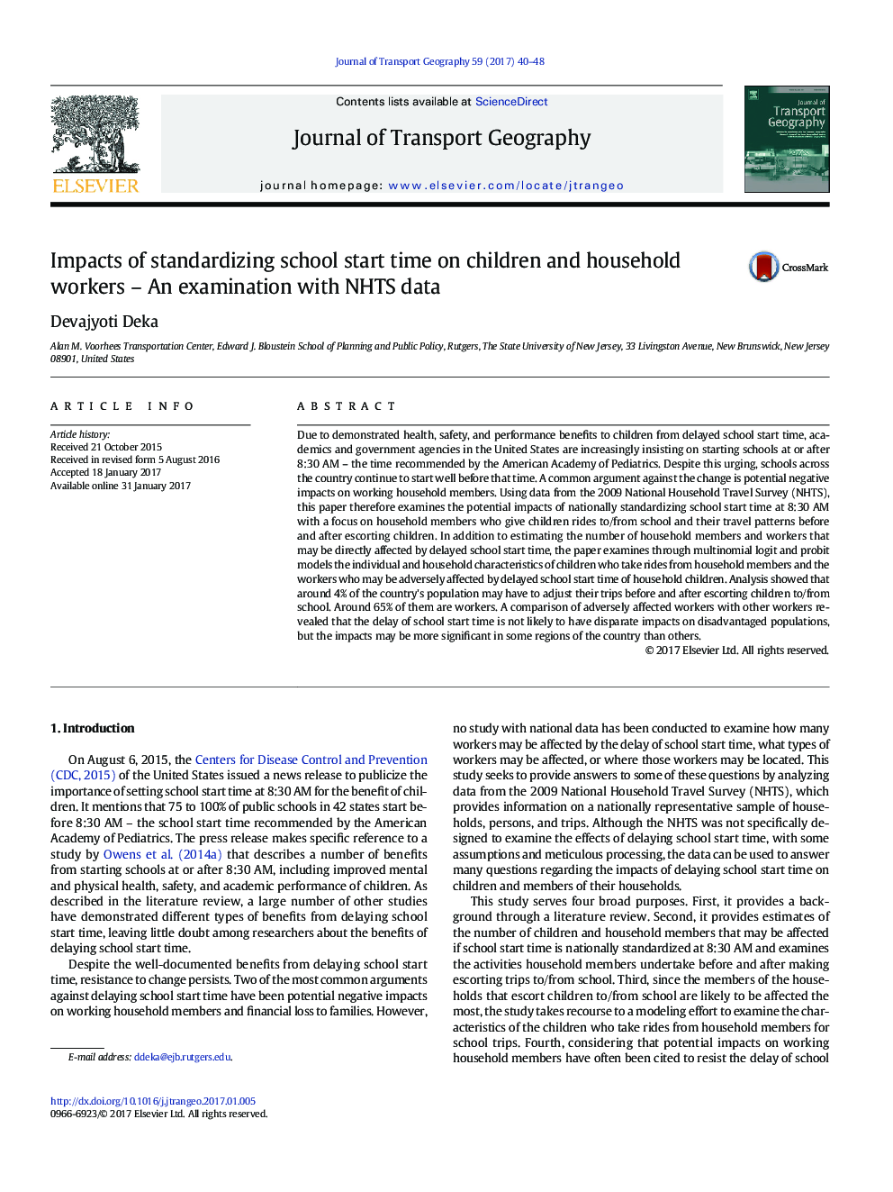 Impacts of standardizing school start time on children and household workers - An examination with NHTS data