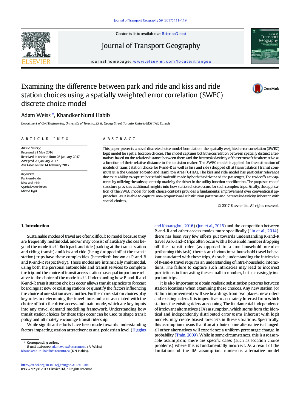 Examining the difference between park and ride and kiss and ride station choices using a spatially weighted error correlation (SWEC) discrete choice model