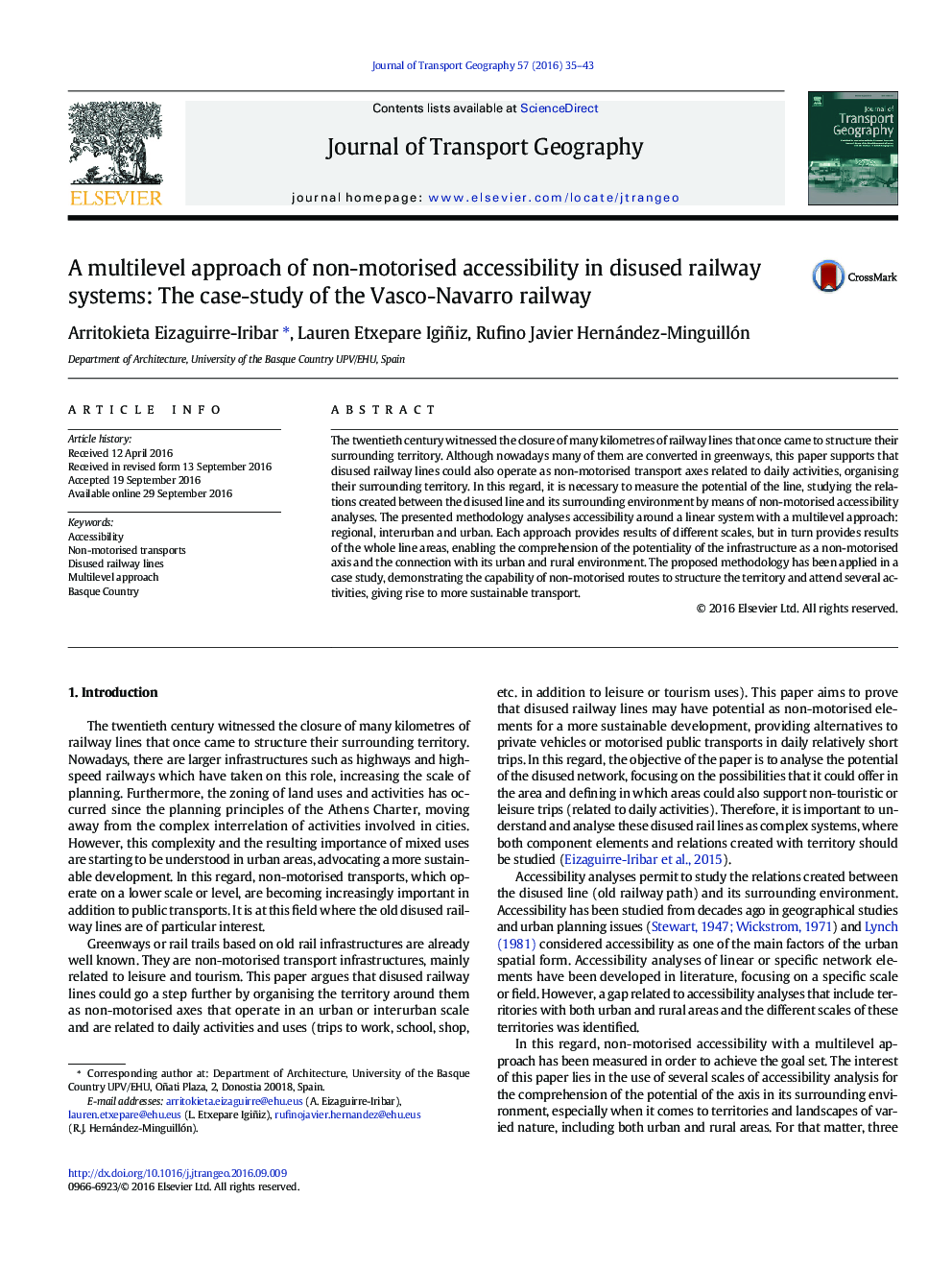 A multilevel approach of non-motorised accessibility in disused railway systems: The case-study of the Vasco-Navarro railway