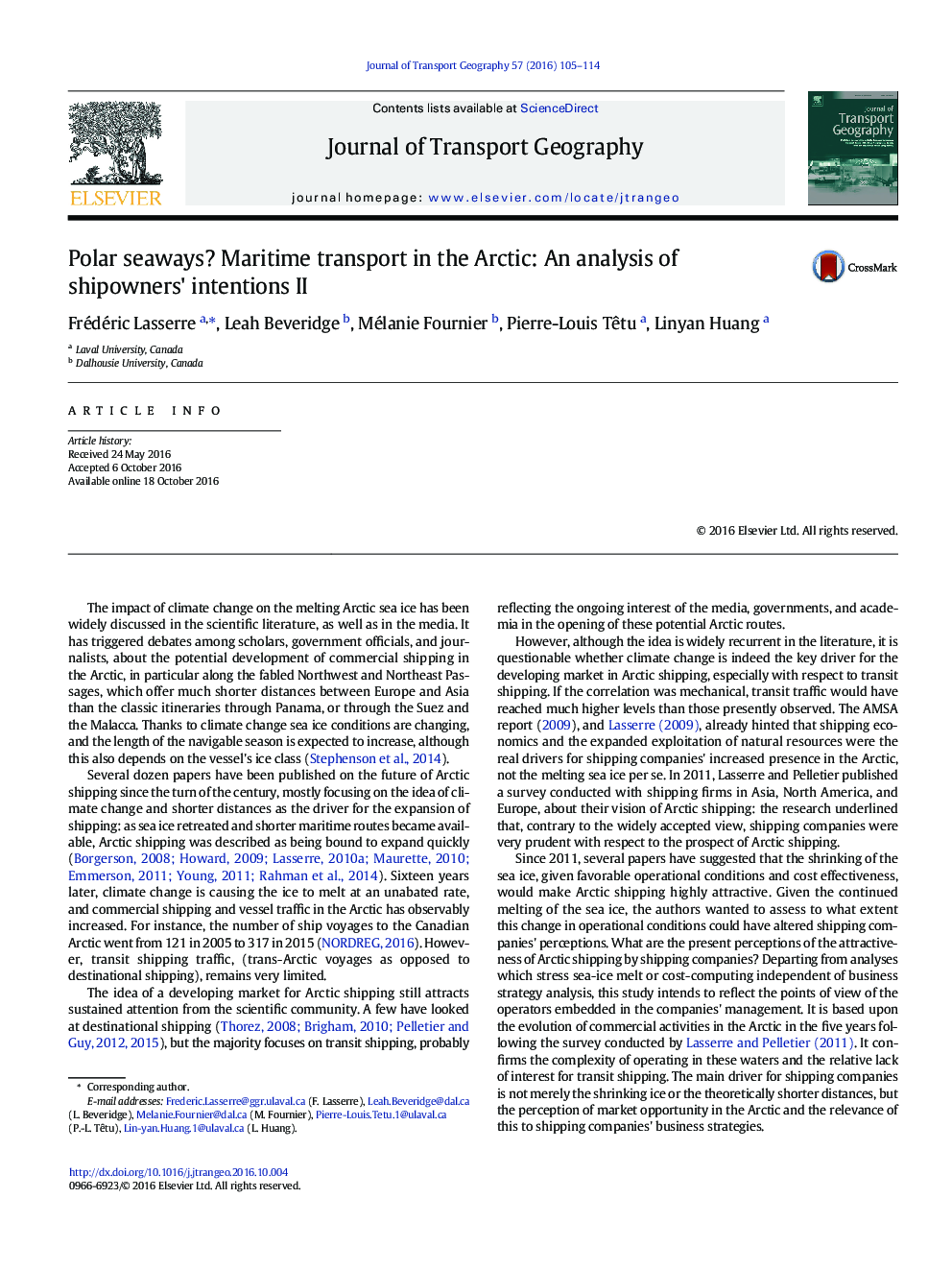 Polar seaways? Maritime transport in the Arctic: An analysis of shipowners' intentions II