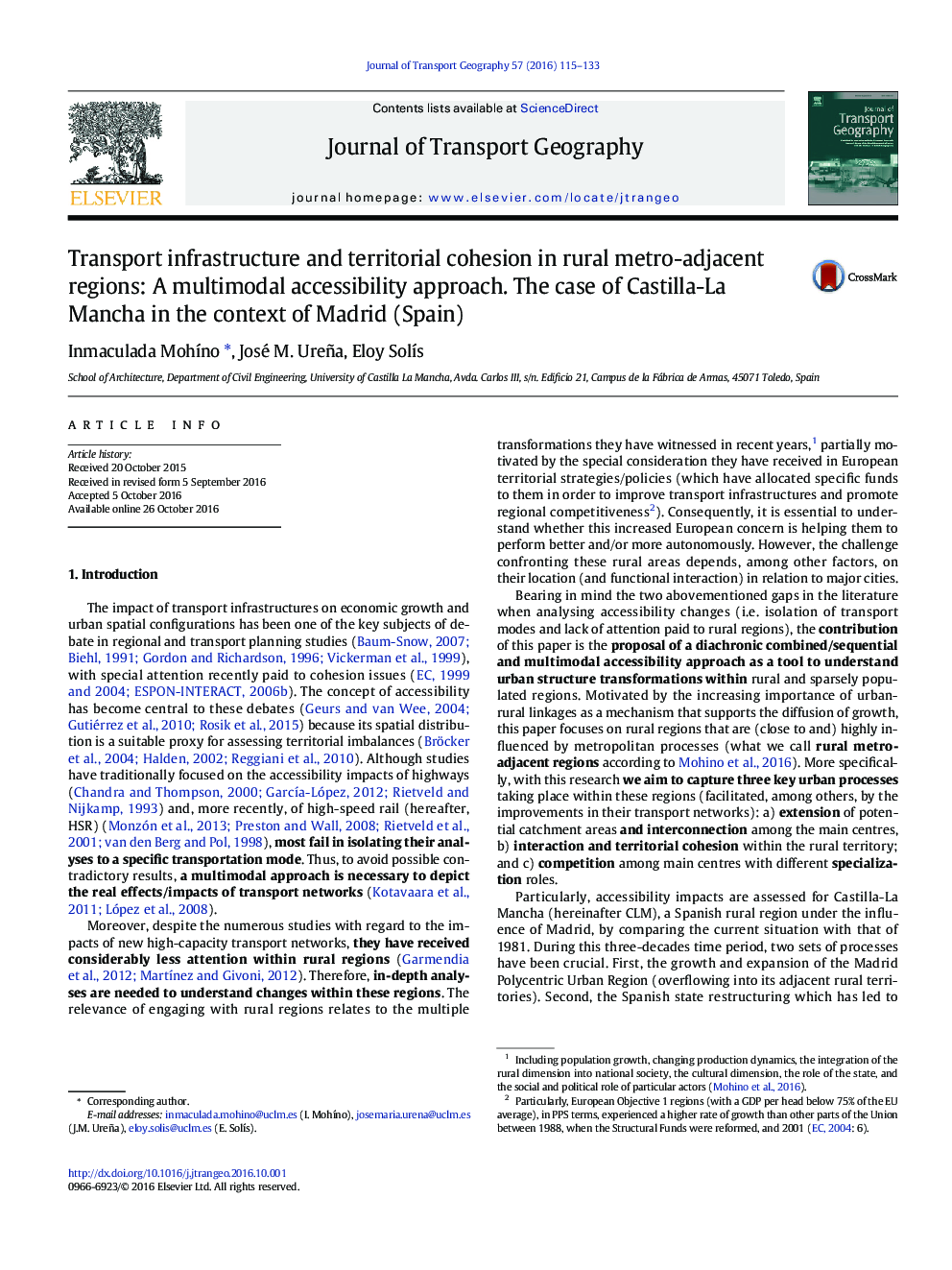 Transport infrastructure and territorial cohesion in rural metro-adjacent regions: A multimodal accessibility approach. The case of Castilla-La Mancha in the context of Madrid (Spain)