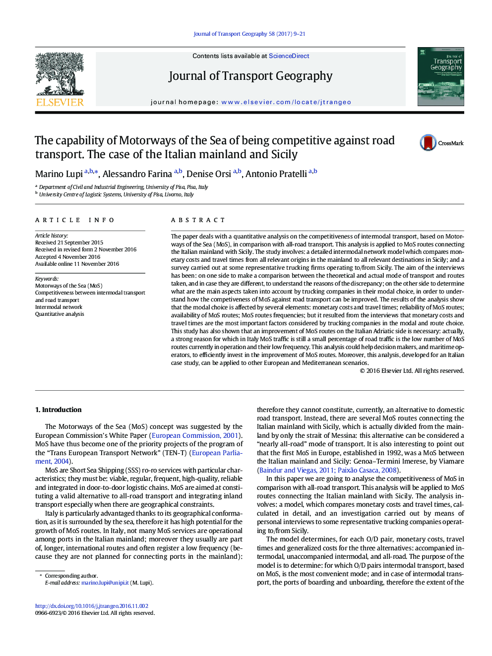 The capability of Motorways of the Sea of being competitive against road transport. The case of the Italian mainland and Sicily