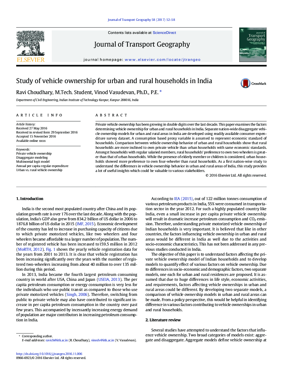 Study of vehicle ownership for urban and rural households in India