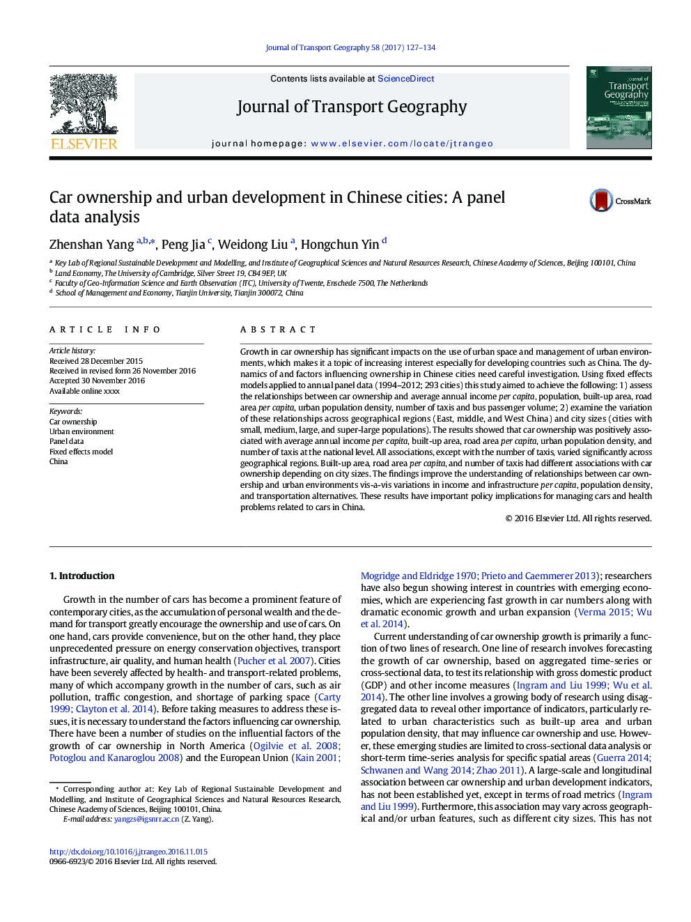 Car ownership and urban development in Chinese cities: A panel data analysis