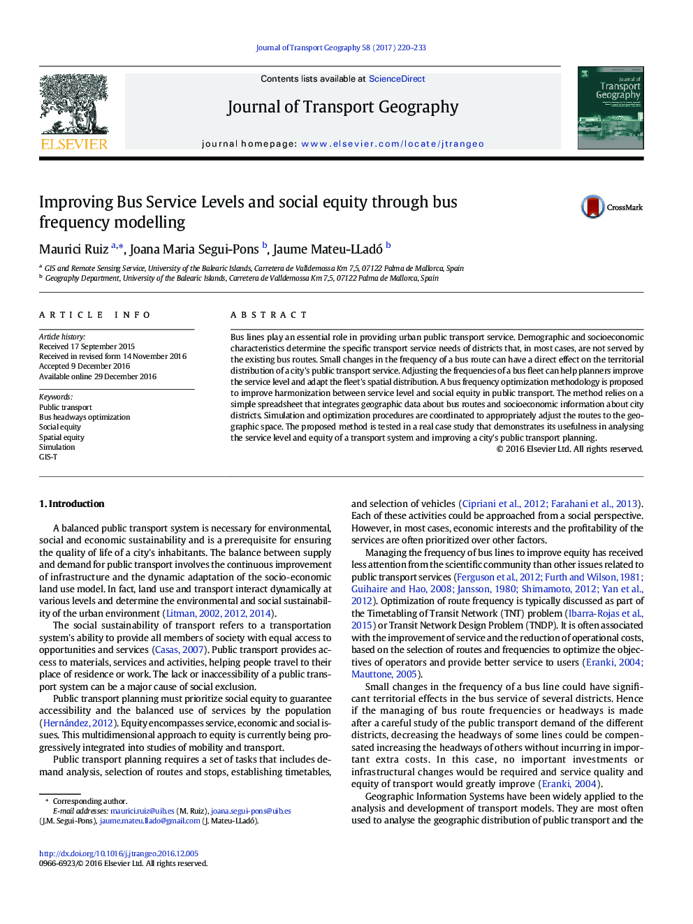 Improving Bus Service Levels and social equity through bus frequency modelling