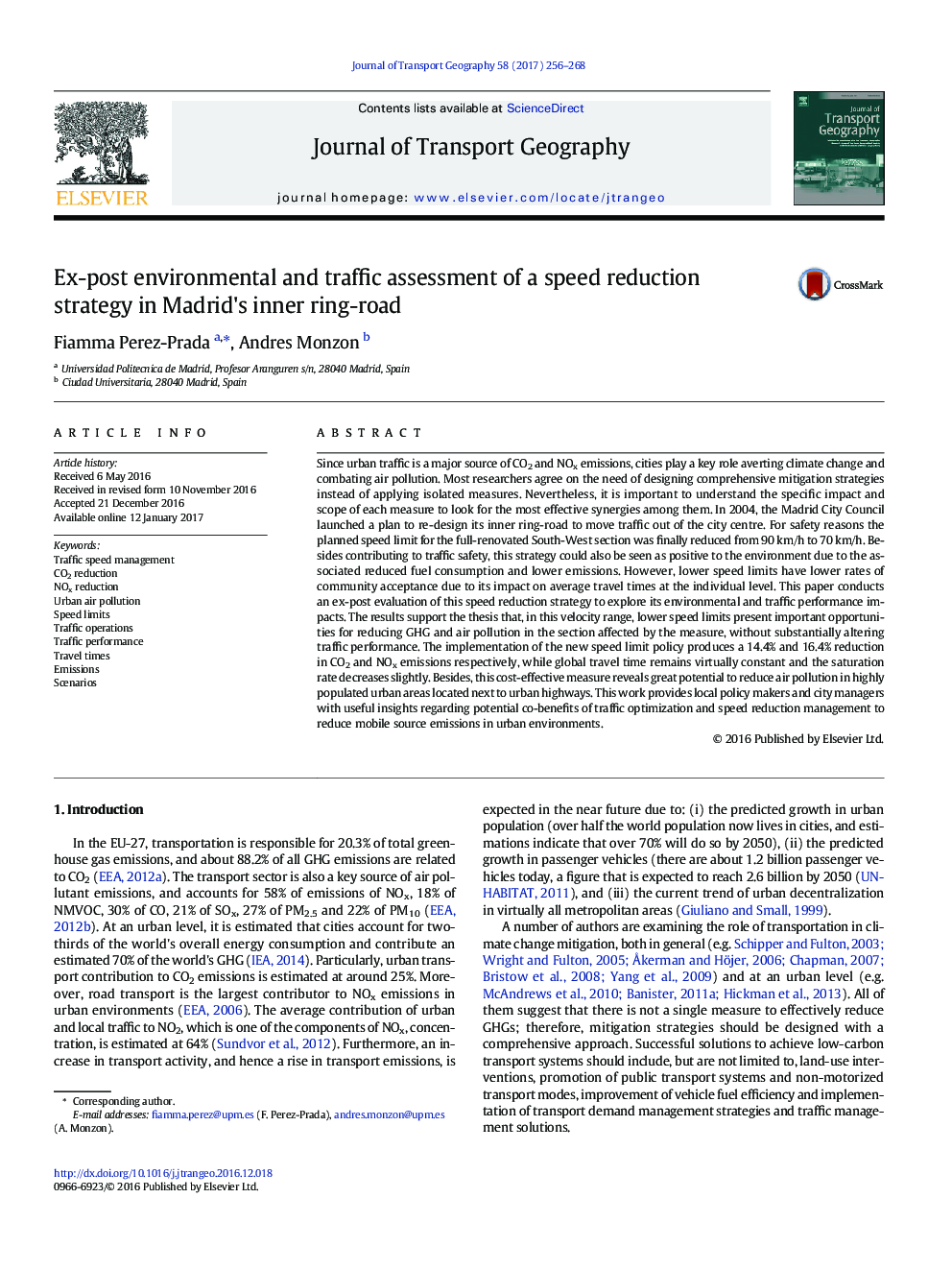 Ex-post environmental and traffic assessment of a speed reduction strategy in Madrid's inner ring-road