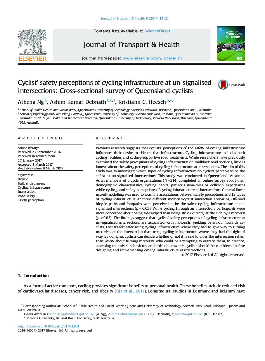 Cyclist' safety perceptions of cycling infrastructure at un-signalised intersections: Cross-sectional survey of Queensland cyclists