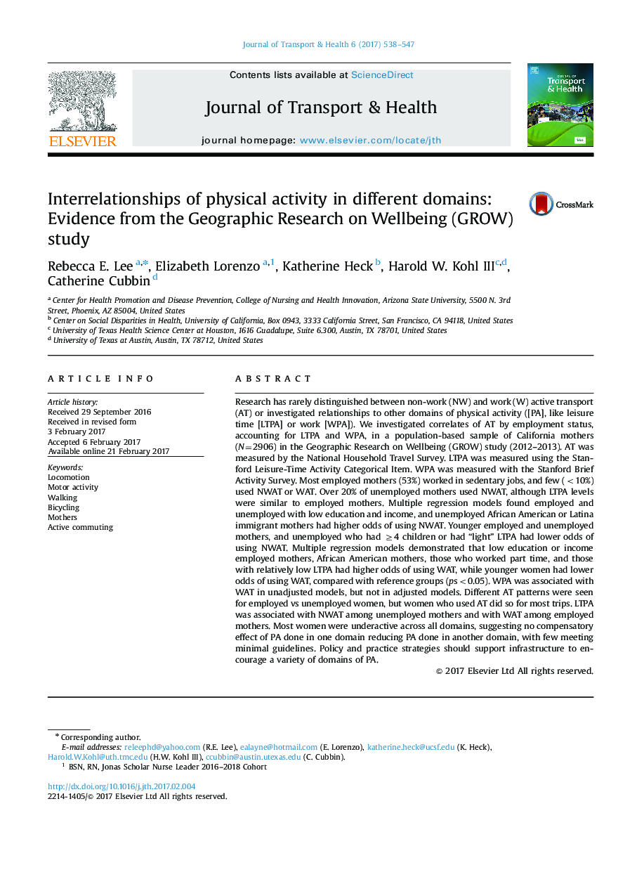 Interrelationships of physical activity in different domains: Evidence from the Geographic Research on Wellbeing (GROW) study