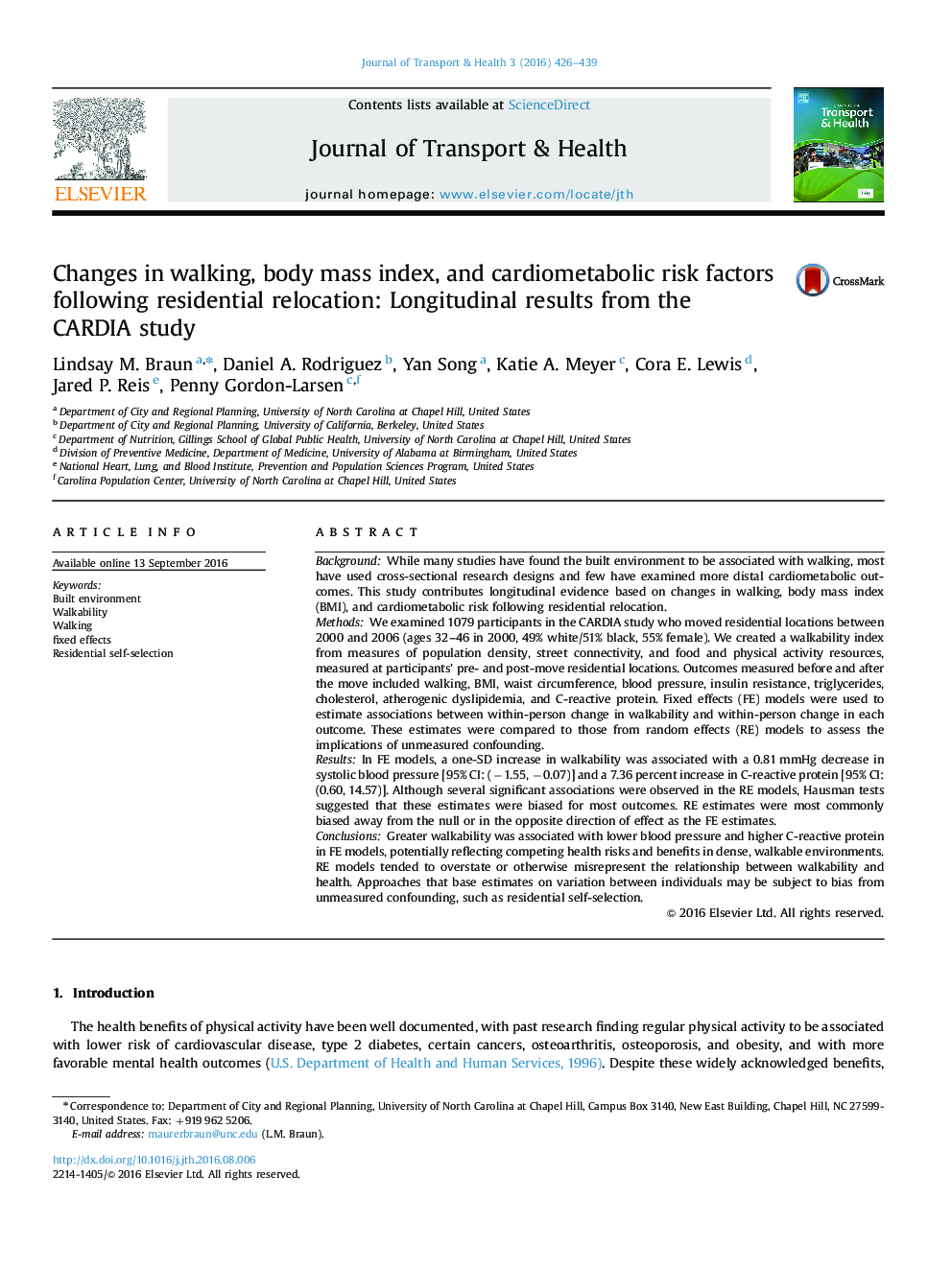 Changes in walking, body mass index, and cardiometabolic risk factors following residential relocation: Longitudinal results from the CARDIA study