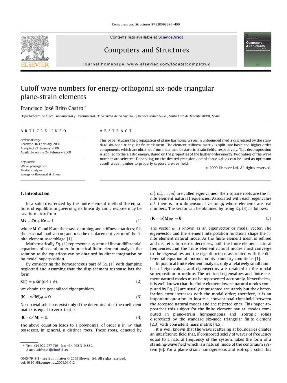 Cutoff wave numbers for energy-orthogonal six-node triangular plane-strain elements