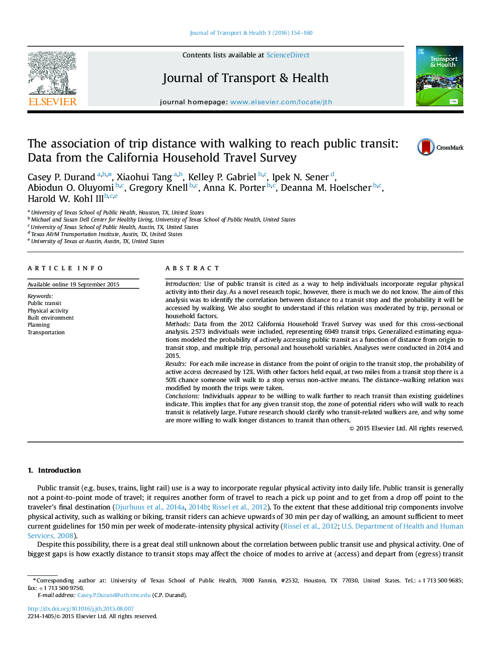 The association of trip distance with walking to reach public transit: Data from the California Household Travel Survey