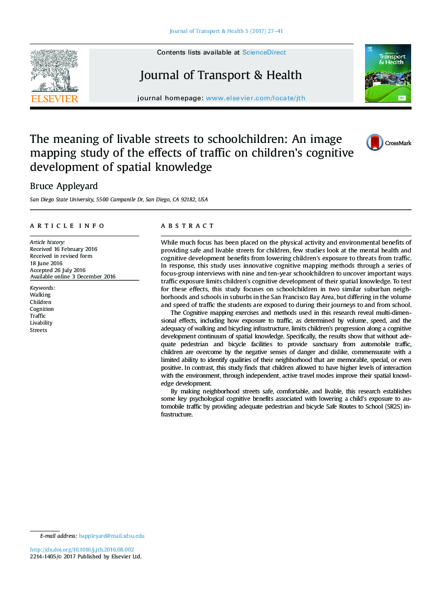 معنی خیابان های قابل سکونت به دانش آموزان: مطالعه تصویری نقشه برداری از اثرات ترافیک در توسعه شناختی کودکان از دانش فضایی 