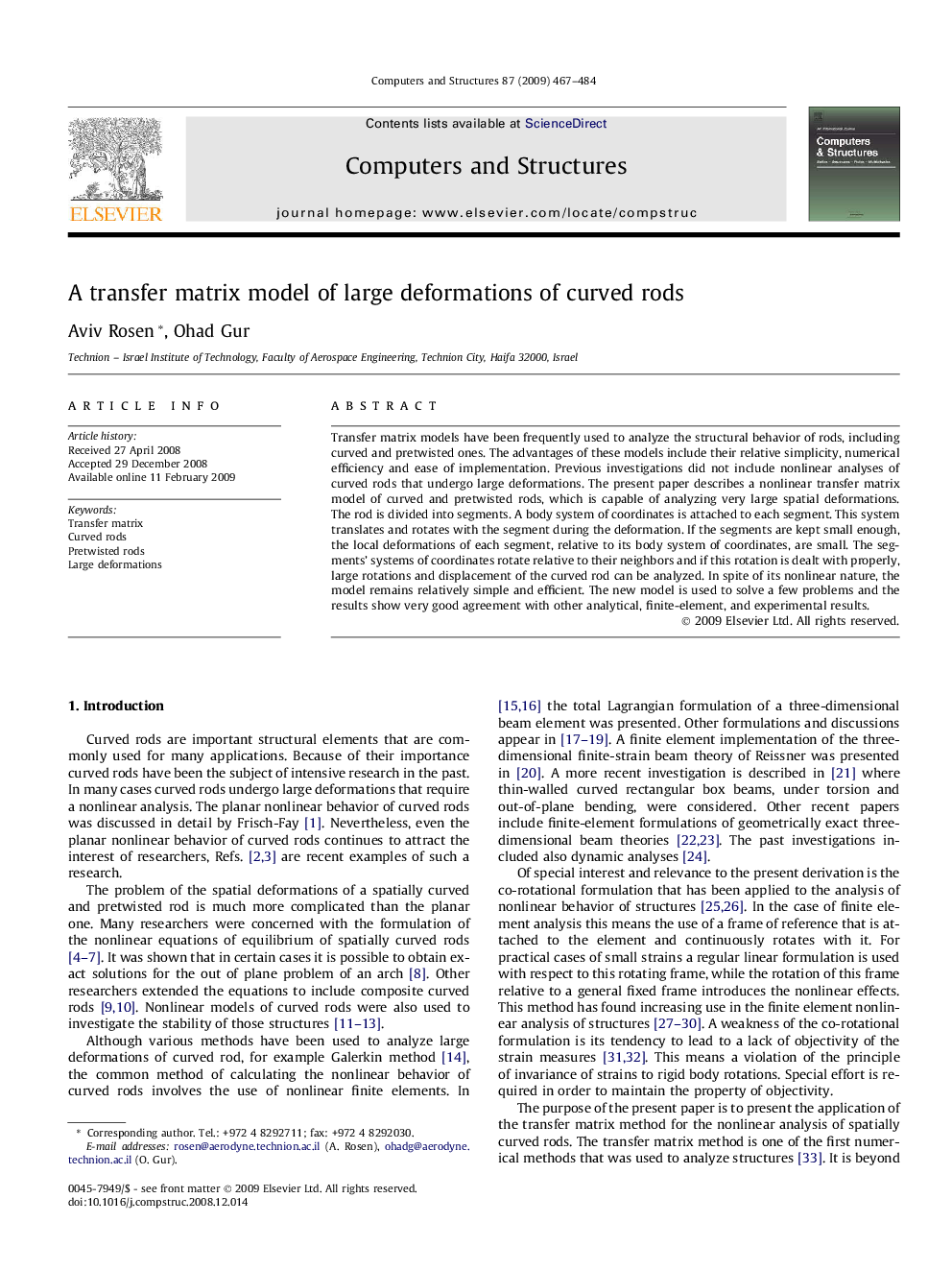 A transfer matrix model of large deformations of curved rods